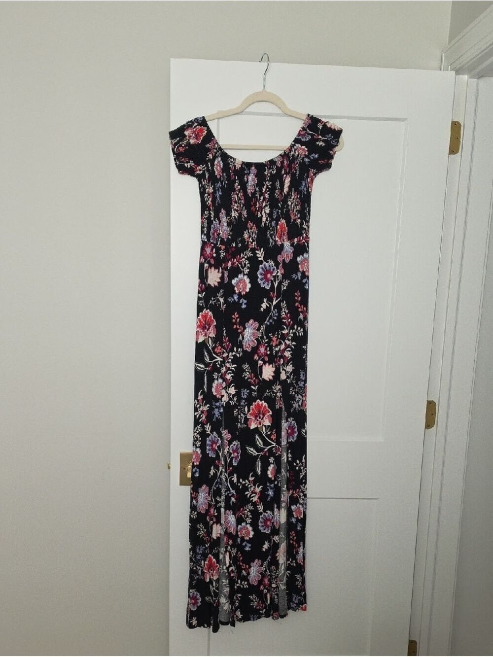 Express Black Floral Off-Shoulder Maxi Dress with Pink & Purple Accents